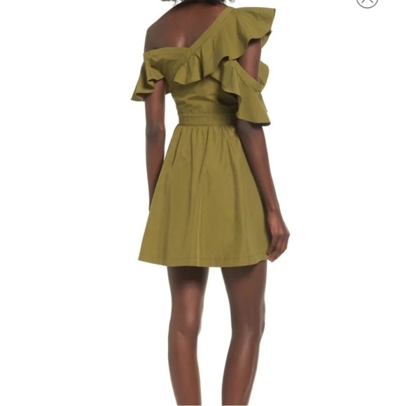 J.O.A olive green asymmetrical ruffle sleeve dress size medium - Picture 2 of 8